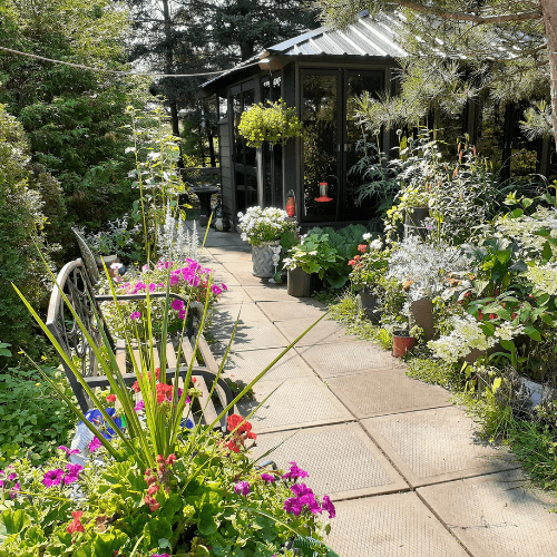 Sentier de dalles, banc et gazebo dans un jardin fleuri